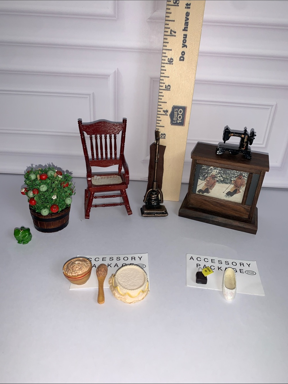 Miniature Dollhouse Accessories mixed set bundle. Brown Vintage miniature decor.